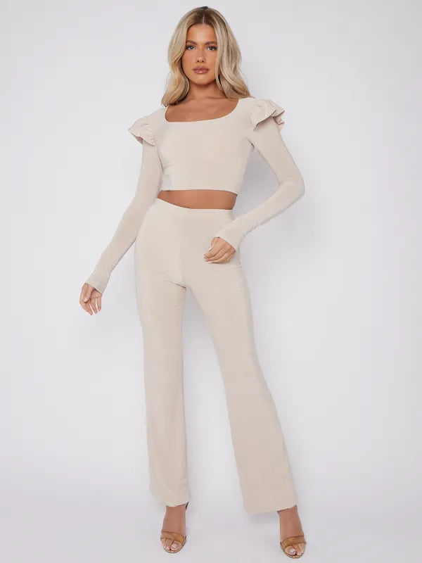 ELIZA slinky frill shoulder crop top flared trouser set STONE