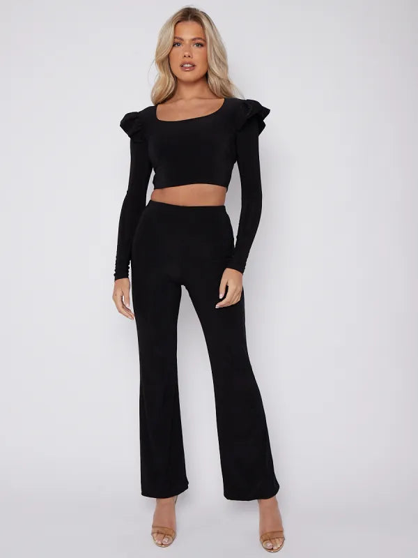 ELIZA slinky frill shoulder crop top flared trouser set BLACK