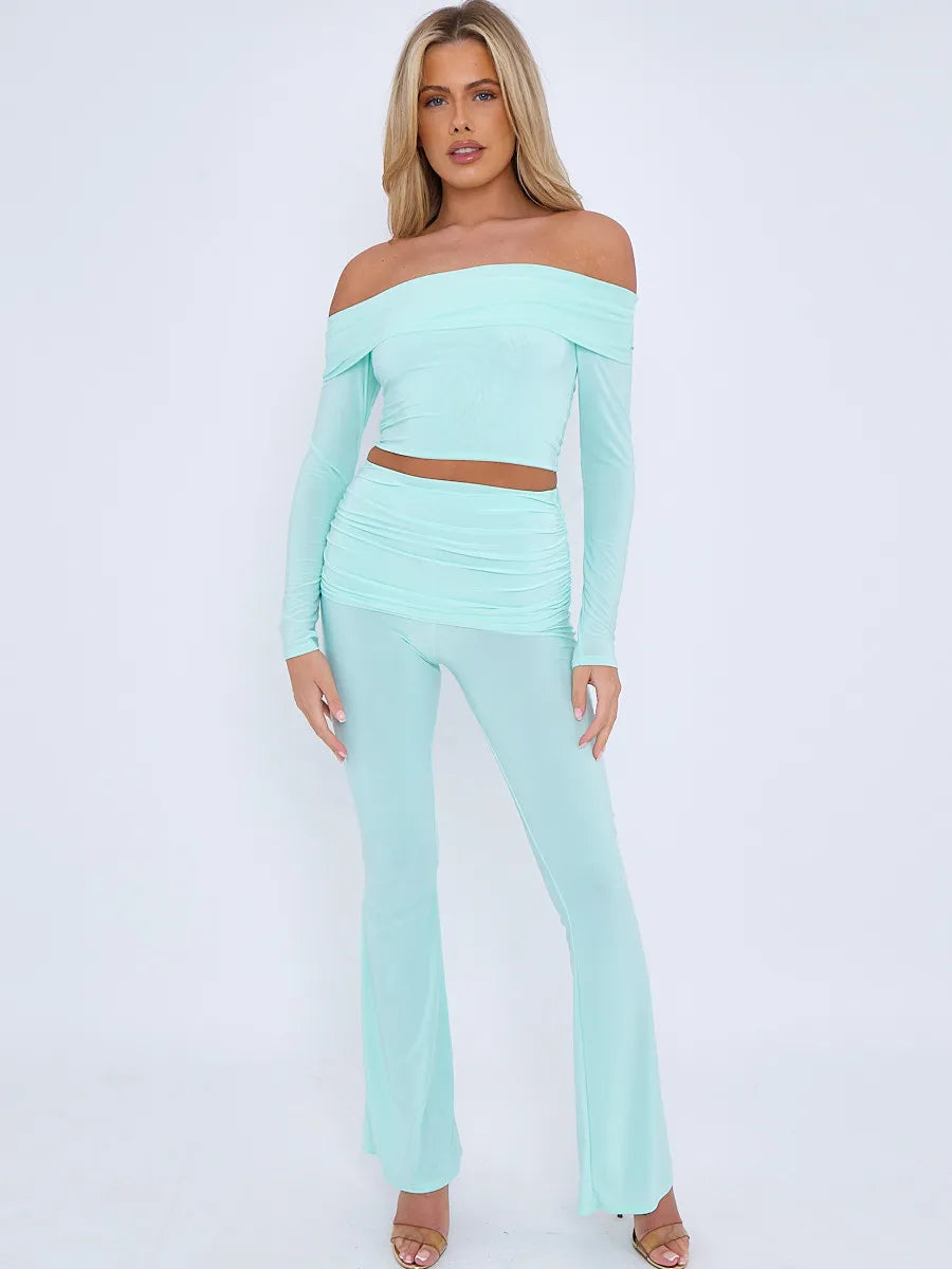 CLARA slinky fold over off shoulder top and fold over flared two piece MINT