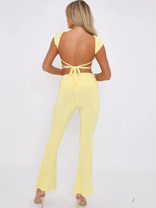 LUELLA slinky tie up backless ruched top  fold over fared trouser lounge set YELLOW