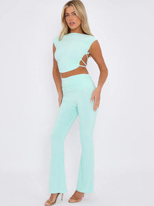 LUELLA slinky tie up backless ruched top and fold over fared trouser lounge set MINT