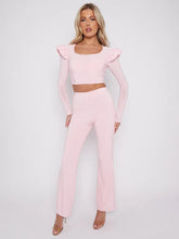 Load image into Gallery viewer, ELIZA slinky frill shoulder crop top flared trouser set BABY PINK
