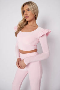 ELIZA slinky frill shoulder crop top flared trouser set BABY PINK