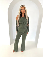 Load image into Gallery viewer, LOLA long sleeve off shoulder slinky flare trouser set KHAKI
