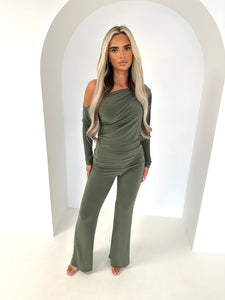 LOLA long sleeve off shoulder slinky flare trouser set KHAKI