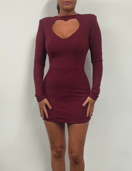 AMOUR love heart cut out long sleeve mini dress WINE RED