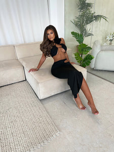 ARIANA rose crossover bralet cut out maxi skirt two piece BLACK