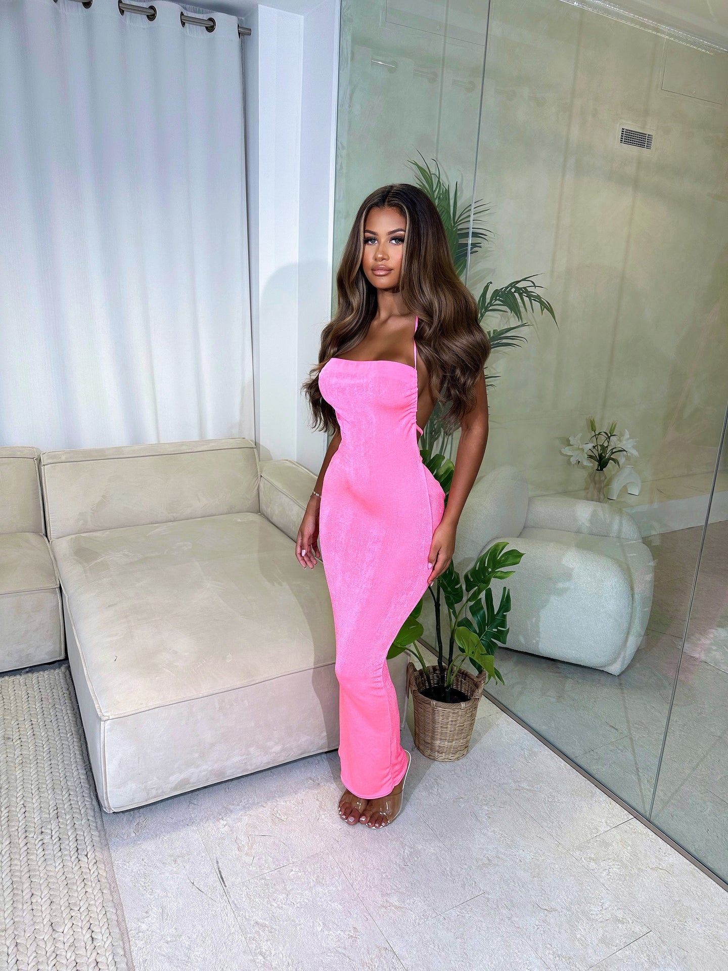 MALIYAH slinky tie up backless maxi dress NEON PINK