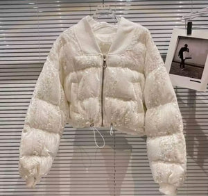 OPAL sequin puffer bomber jacket coat WHITE