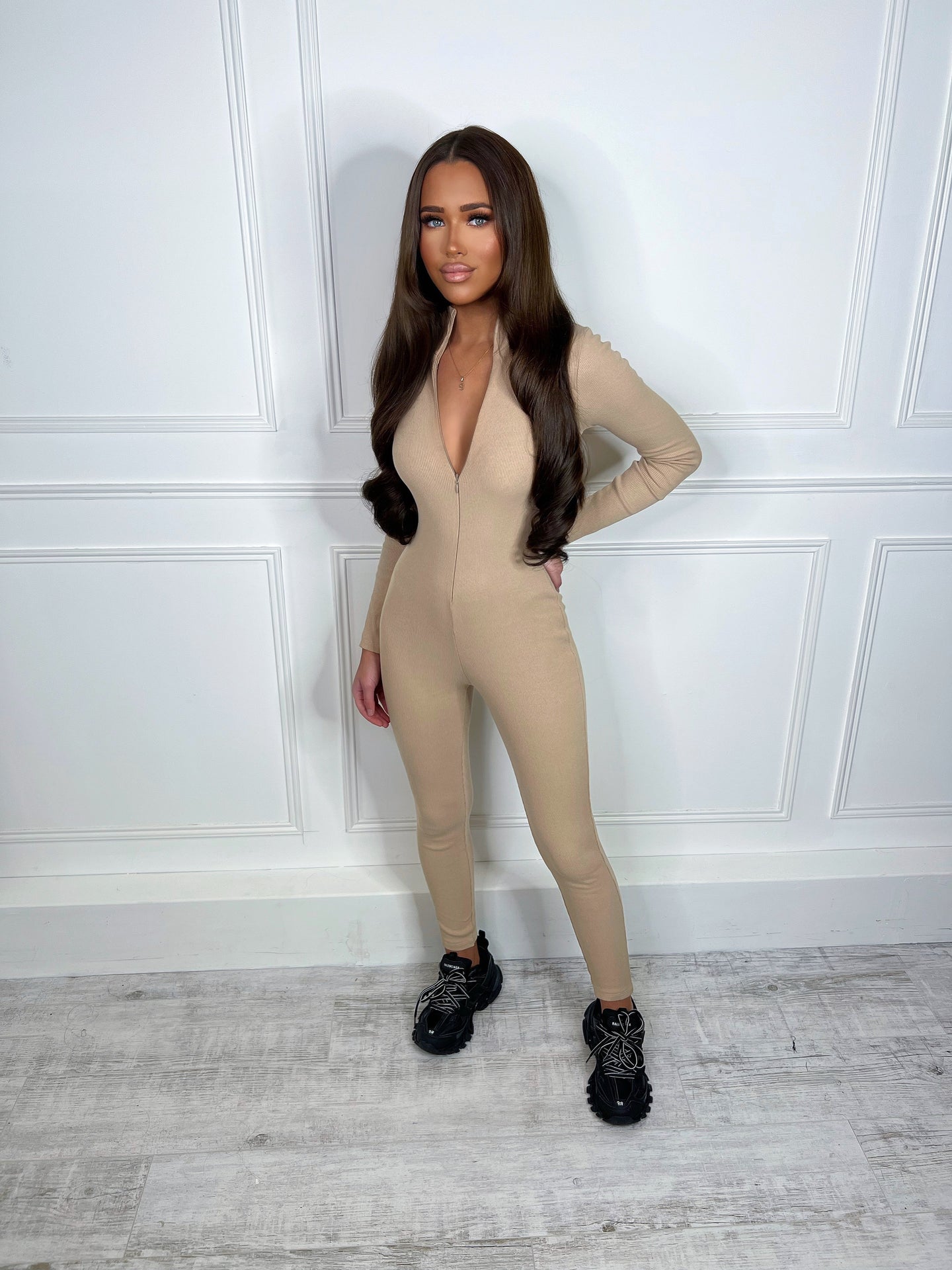 CALI ribbed zip up long sleeve jumpsuit BEIGE