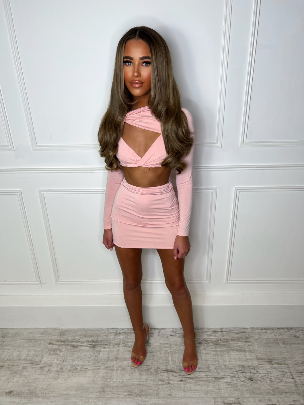 HAYLEY twist cropped top skirt two piece BABY PINK