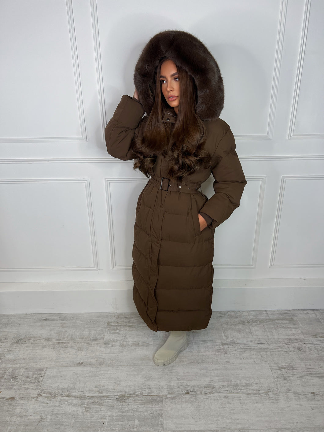 SNOW faux fur hooded long puffer coat BROWN